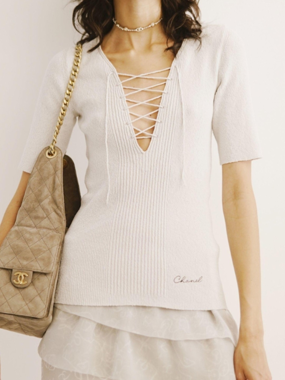 Authentic 2025 CHANEL CRUISE COLLECTION Ribbed Knit Lace Up Top